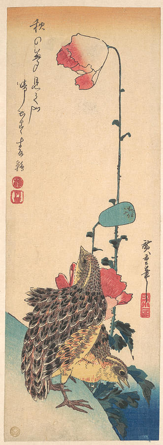 A Pair of Quails and Poppies ca. 1835 Utagawa Hiroshige Japanese Painting by Artistic Rifki