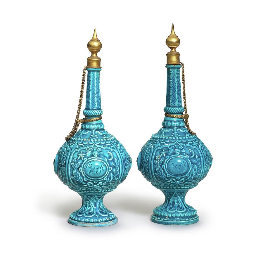 A pair of Theodore Deck earthenware rose-water sprinklers with gilt-copper mounts, France, 19th cent Painting by Artistic Rifki