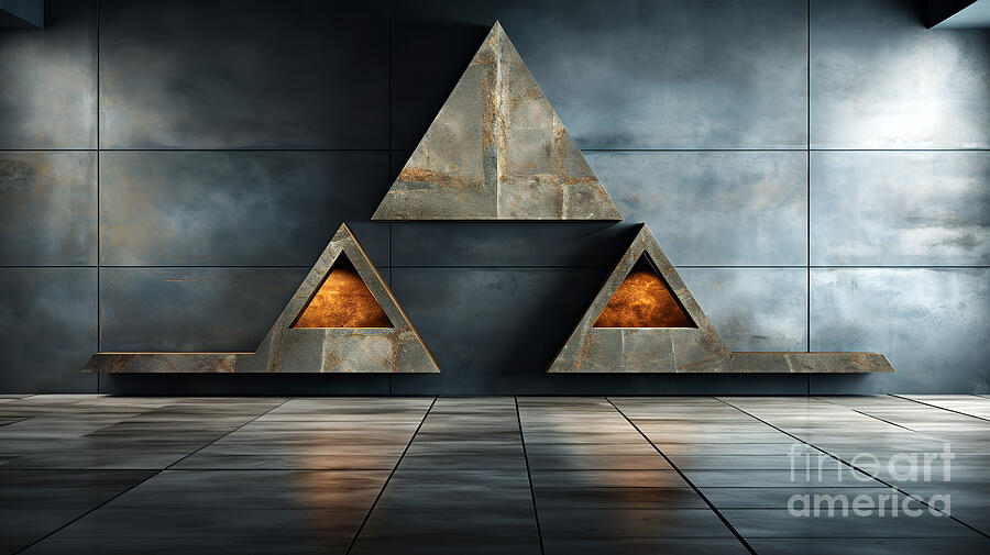 A pair of triangular structures are set against a metallic blue-grey wall Digital Art by Odon Czintos
