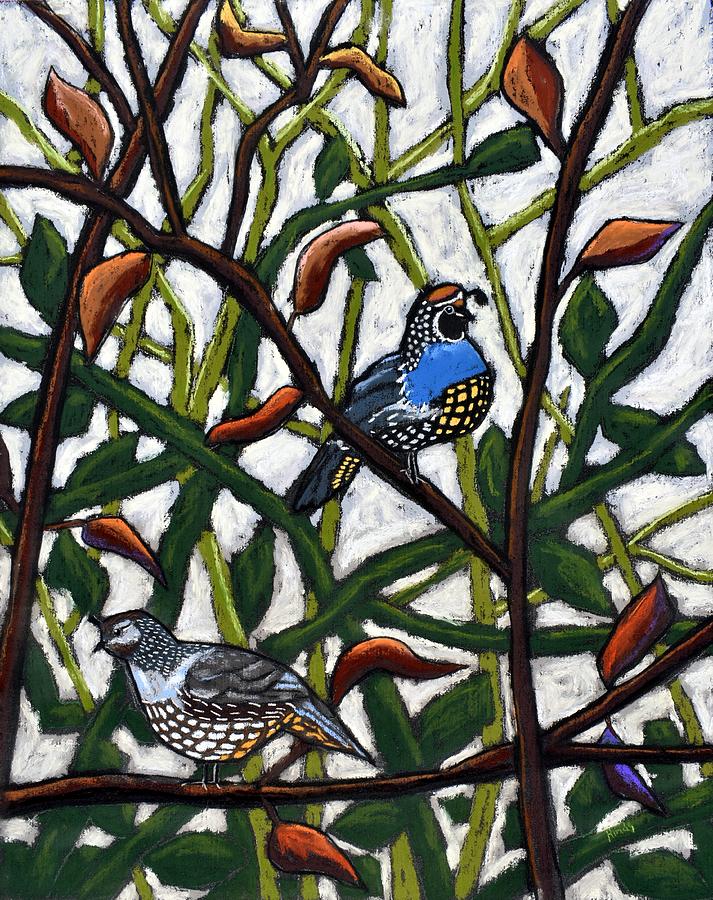 A pair of Valley Quail in the thicket Painting by David Hinds