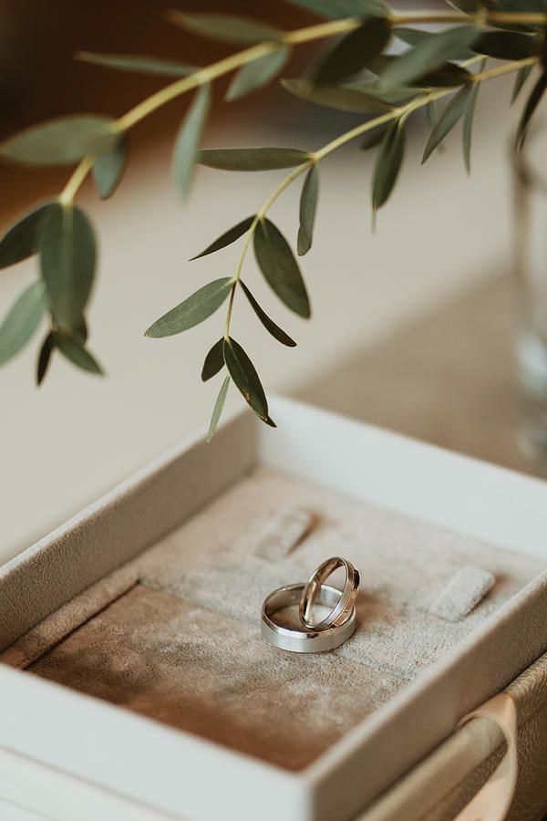 A pair of wedding rings in a box with a beautiful atmosphere. Photograph by Yasinemir
