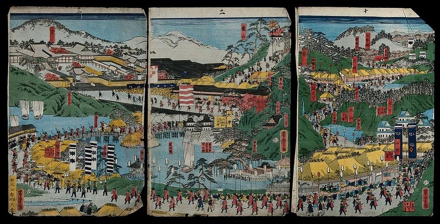 A panorama of thehighway showing a shogunal procession. Colour woodcut by Yoshitora, 1864 Painting by Artistic Rifki