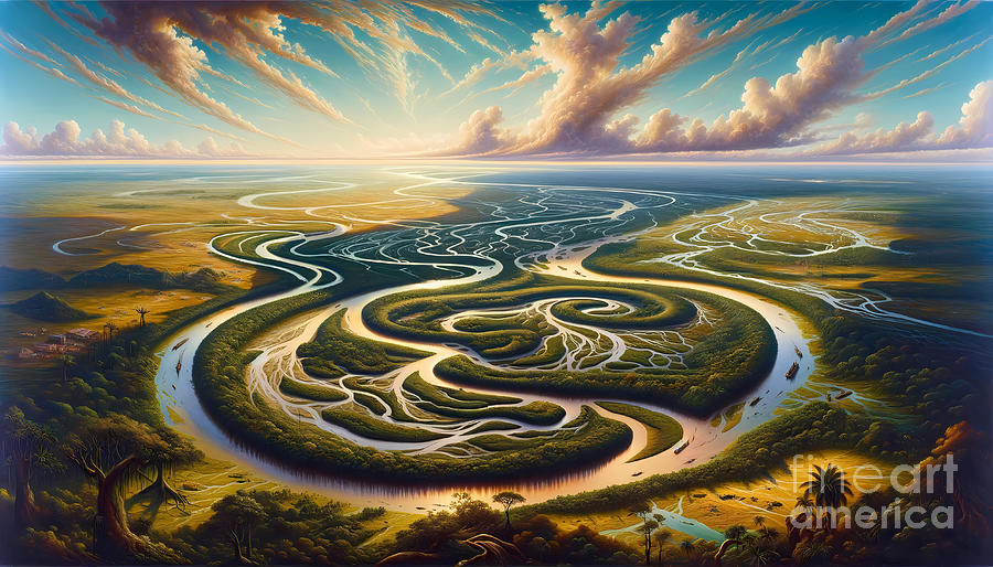 Wildlife Painting - A panoramic view of a large delta with meandering rivers and rich wildlife by Jeff Creation