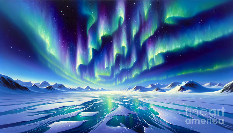 Mountain Painting - A panoramic view of the Northern Lights over a frozen, untouched arctic landscape by Jeff Creation