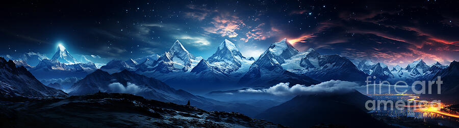 Mountain Digital Art - A panoramic view showcases a breathtaking nighttime mountain range with glowing peaks  by Odon Czintos