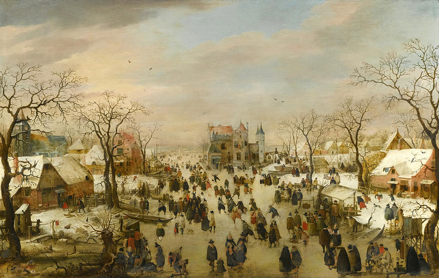 A panoramic Winter landscape with a multitude of figures on a frozen river Painting by Hendrick Avercamp