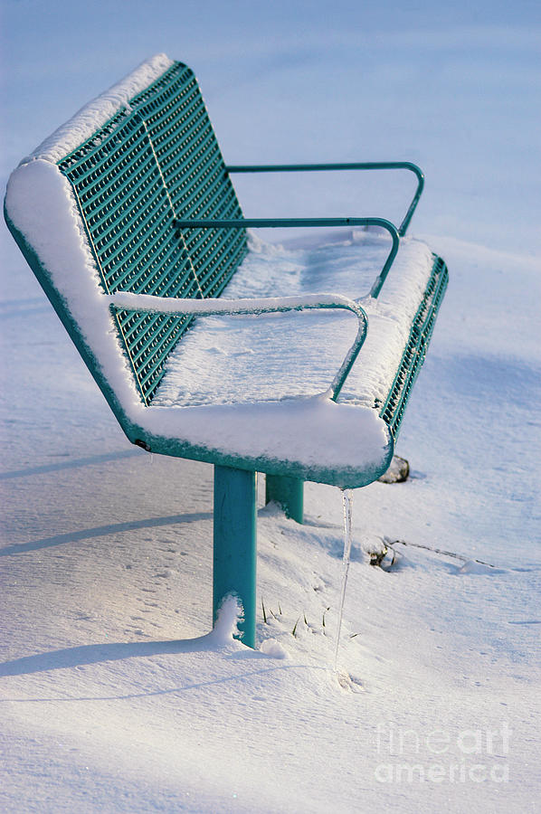 A park bench after a winters storm covered in snow and ice and looking very cold. Photograph by Gunther Allen