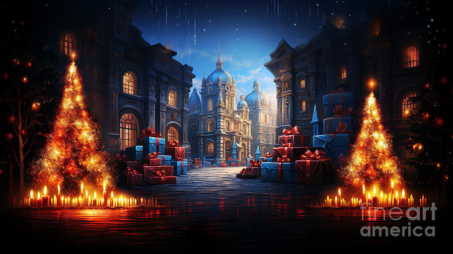 A part of the city dressed in festive decor with Christmas trees and a gift box. Digital Art by Odon Czintos