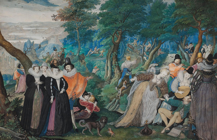 A Party in the Open Air. Allegory on Conjugal Love. Minitaure dated 1590-1595. Painting by Isaac Oliver A Party in the Open Air. Allegory on Conjugal Love. Minitaure dated 1590-1595. Painting by Isaac Oliver