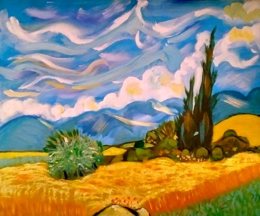 A Pastich of Van Goghs  wheat field with Cypress  Painting by Rusty Gladdish