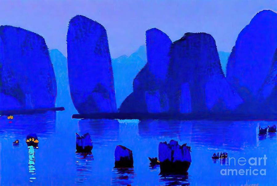 A Peaceful Day No3 Painting Fishing Village Blue Painting Ha Long Bay 