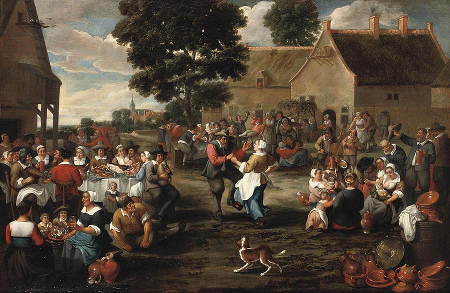 Village Painting -  A peasants feast in the village square by Mattheus van Helmont