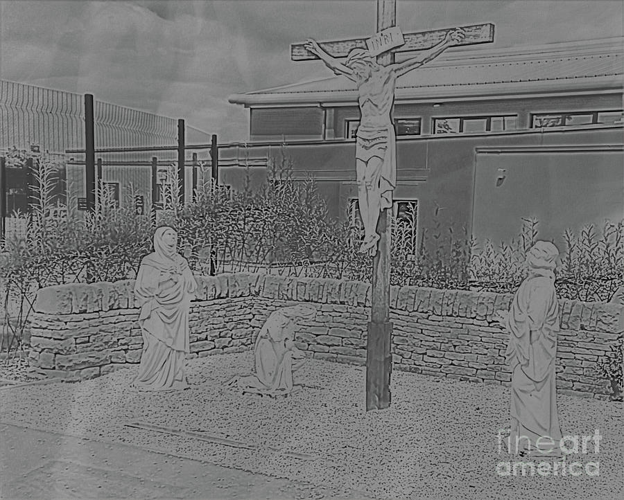 A pencil effect version of the crucifixion outside,S Mary school Langley Middleton  Photograph by Pics By Tony