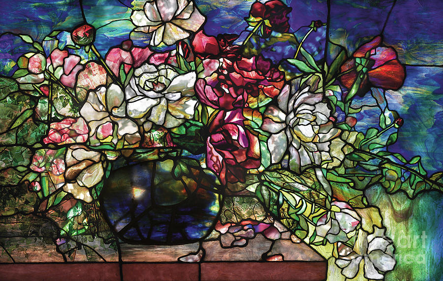 A Peony stained glass window by Tiffany Glass Art by Tiffany Studios