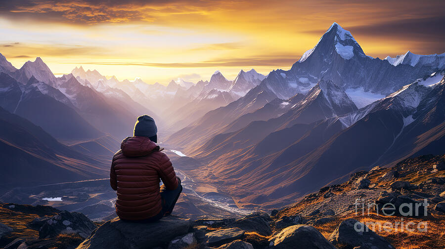 Mountain Digital Art - A person in a warm jacket sits on a rocky outcrop facing a breathtaking mountain range  by Odon Czintos