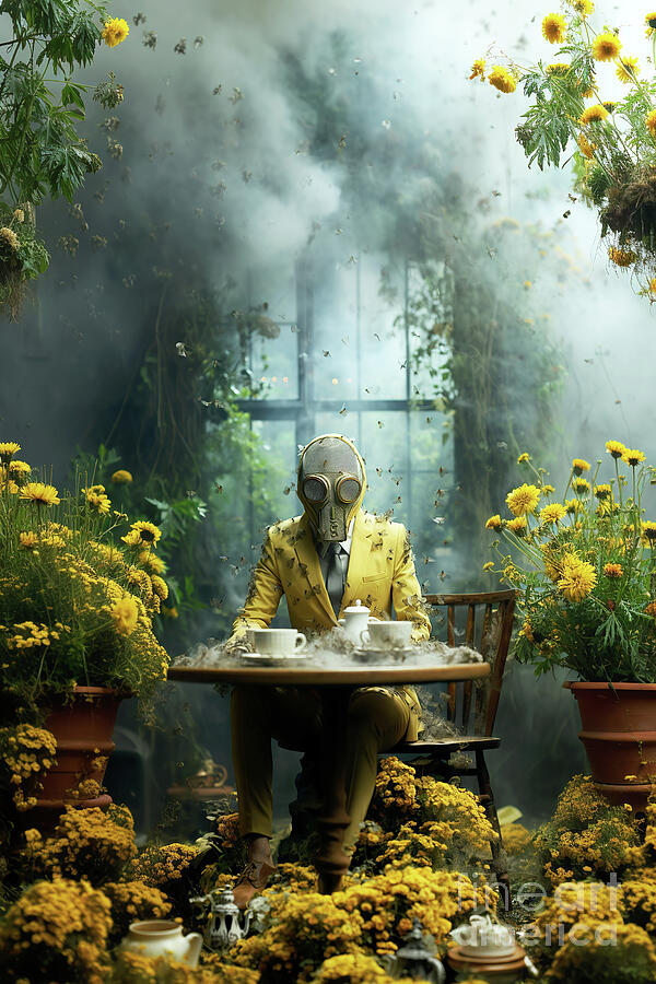 A person wearing a gas mask is seated at a cluttered table Digital Art by Odon Czintos