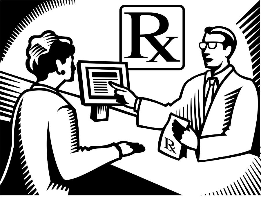 A pharmacist explaining a prescription to a customer drawn black and white Drawing by Spark Studio