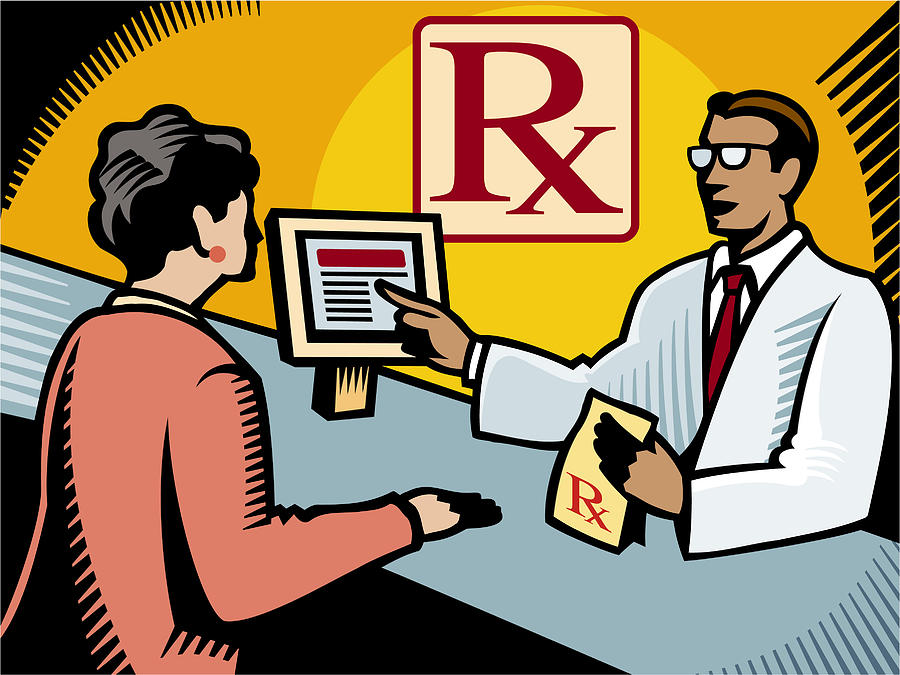 A pharmacist explaining a prescription to a customer Drawing by Spark Studio