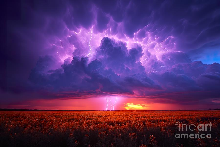 A Photograph Of A Vibrant Purple Sky With A Lightning Bolt Visible In The Distance. Photograph