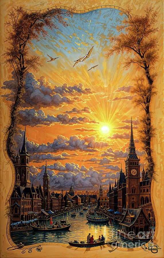 A picturesque cityscape features a stunning sunset sky with vibrant orange and blue hues Digital Art by Elena Gantchikova A picturesque cityscape features a stunning sunset sky with vibrant orange and blue hues Digital Art by Elena Gantchikova