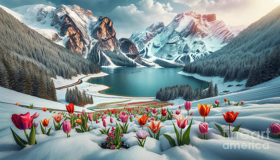 A picturesque landscape with colorful tulips emerging from snow Digital Art by Odon Czintos