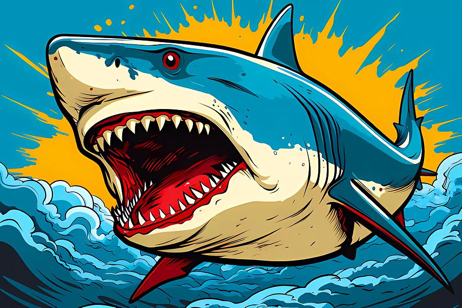 A pop art of a fierce shark with a comic book style Digital Art by ...