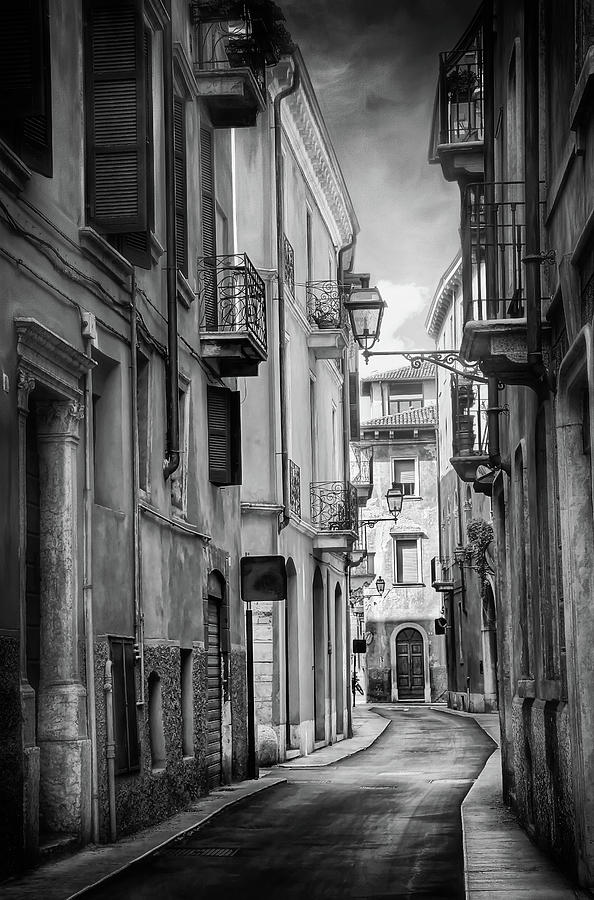 Architecture Photograph - A Pretty Little Street in Verona Italy Black and White by Carol Japp