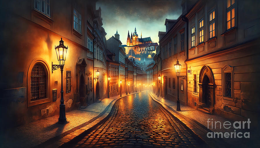 Castle Painting - A quiet cobblestone street in Prague, with gas lights and the silhouette of the castle in the distan by Jeff Creation