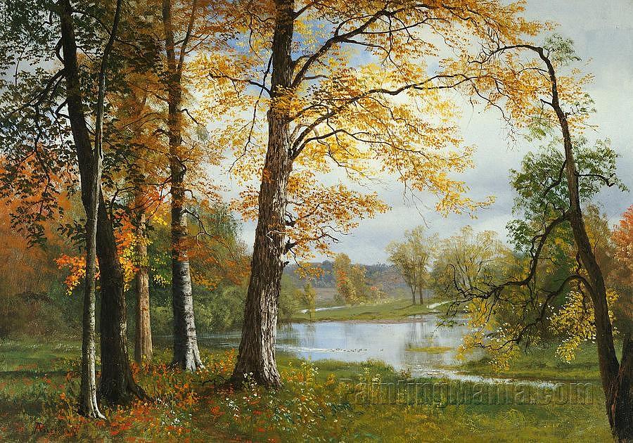 A Quiet Lake by Albert Bierstadt2 Painting by MotionAge Designs