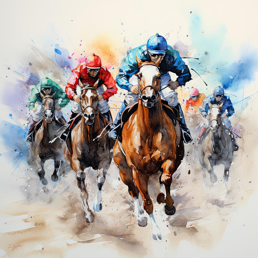 A Race to the Finish - Horse Racing Watercolor Paintings Painting by Lourry Legarde