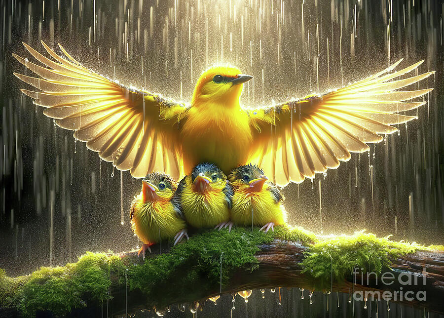 A radiant, yellow bird spreads its wings protectively over three smaller birds Digital Art by Odon Czintos