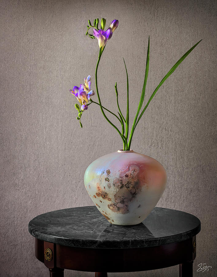 A Raku Vase With Freesias Photograph by Endre Balogh