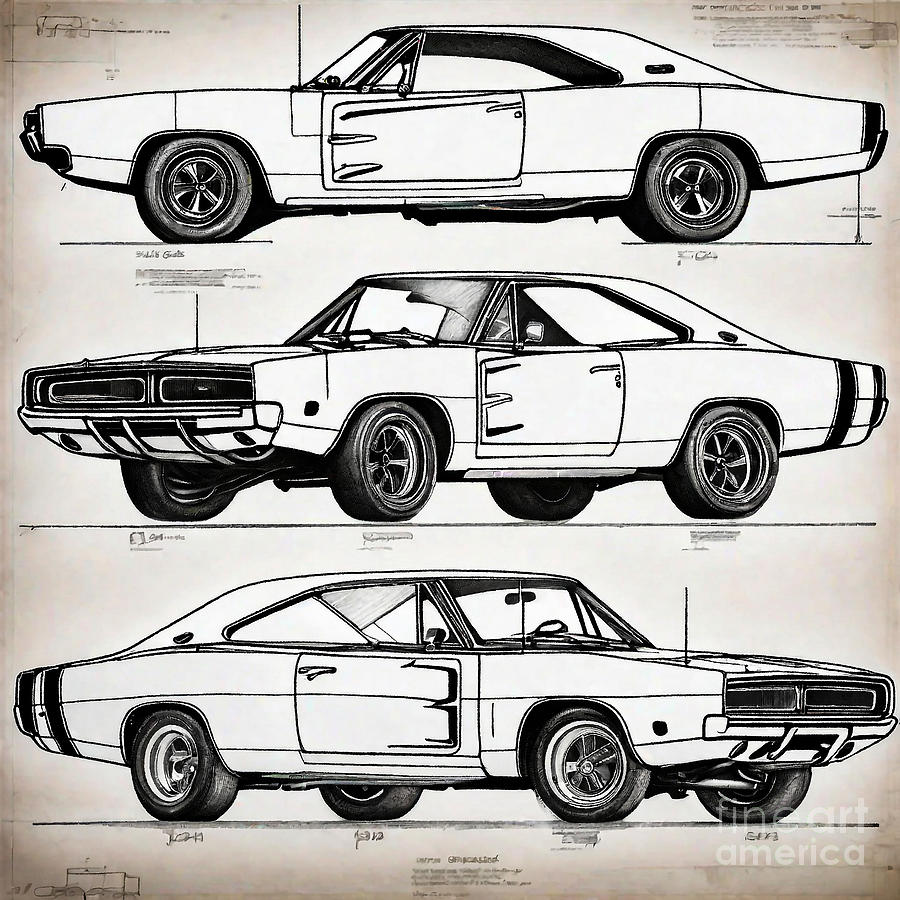 A realistic sketch of car 1968 Dodge Charger 426 Hemi Lightweight ...