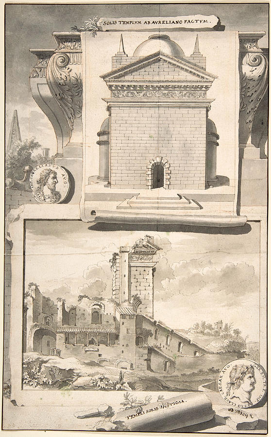 A Reconstruction of the Aurelian Temple of the Sun, above, and a View of the Ruins, below Drawing by Jan Goeree