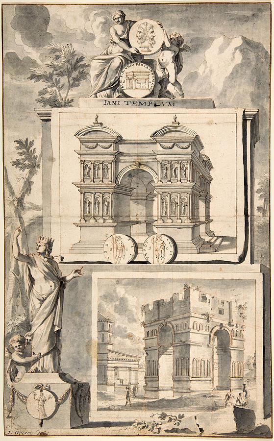 A Reconstruction of the Temple of Janus, above, and a View of the Ruins, below Drawing by Jan Goeree