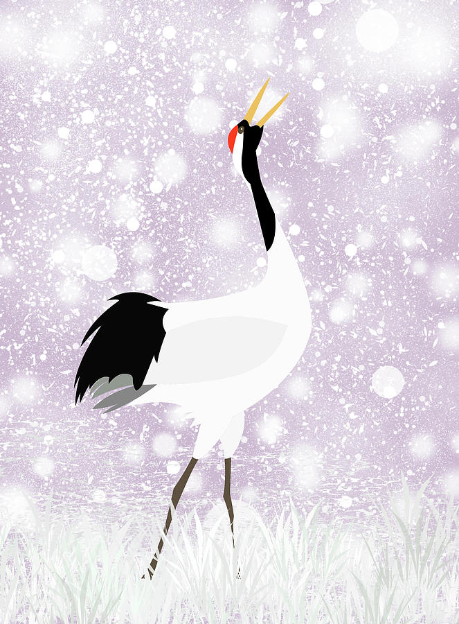 A red-crowned crane on a dreamy snow day Digital Art by Ellie Teramoto