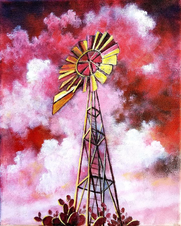  A Red Sky Windmill Painting by Roseanne Schellenberger
