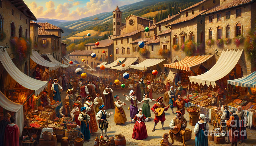 Musician Painting - A Renaissance fair in a Tuscan village, with jugglers, merchants, and musicians. by Jeff Creation