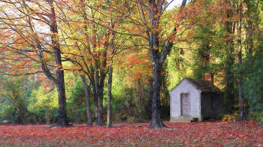 A Replica Of David Thoreau Cabin At Furman University In Fall Painting Photograph