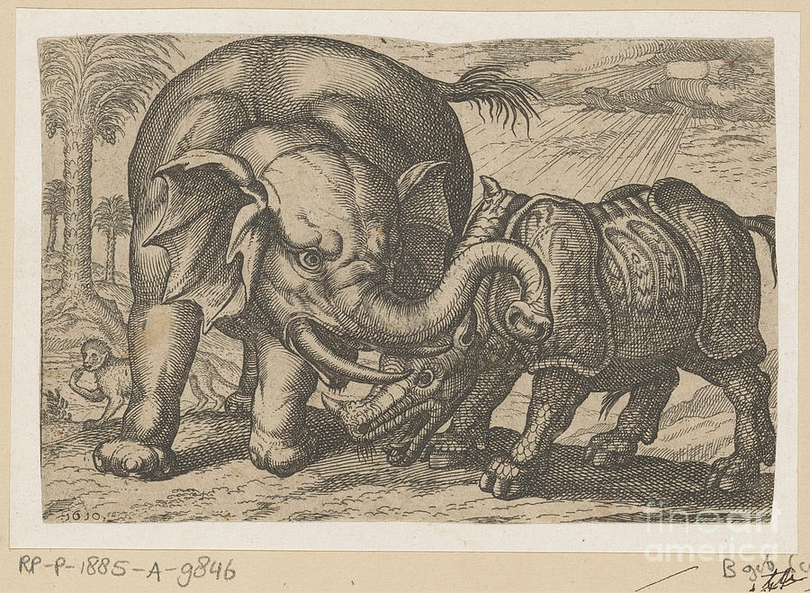 A Rhino Fights With An Elephant, Anonymous, After Antonio Tempesta, 1610 Painting