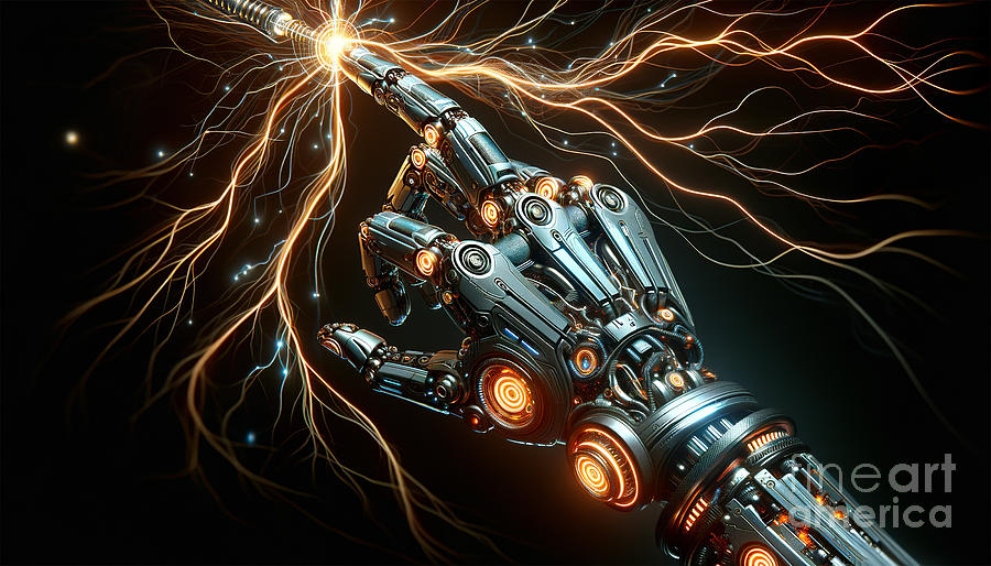 A robotic arm engaged with dynamic electrical discharges. Digital Art by Odon Czintos