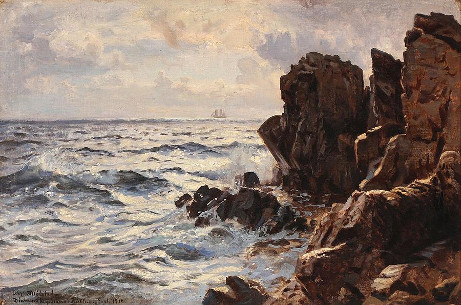Sweden Painting - A rocky coast at Kullen Sweden  drenched in sunlight with a ship in the distance by Christian Molsted