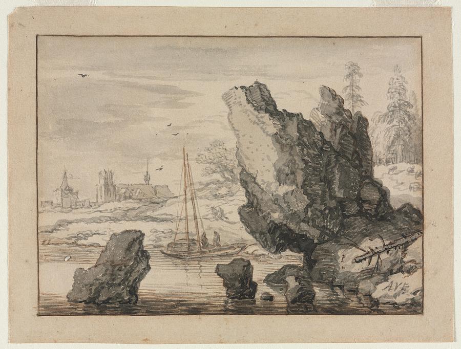 A Rocky Cove with Fishing Boats late 1650s All art van Ever dingen Dutch 1621 to 1675 Painting by MotionAge Designs