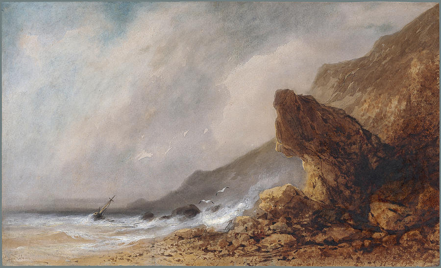 A Rocky Seacoast in a Storm Drawing by Gabriel Hippolyte Lebas