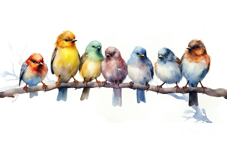 A row of colourful birds sitting on a branch. Watercolour style  Photograph by Jane Rix