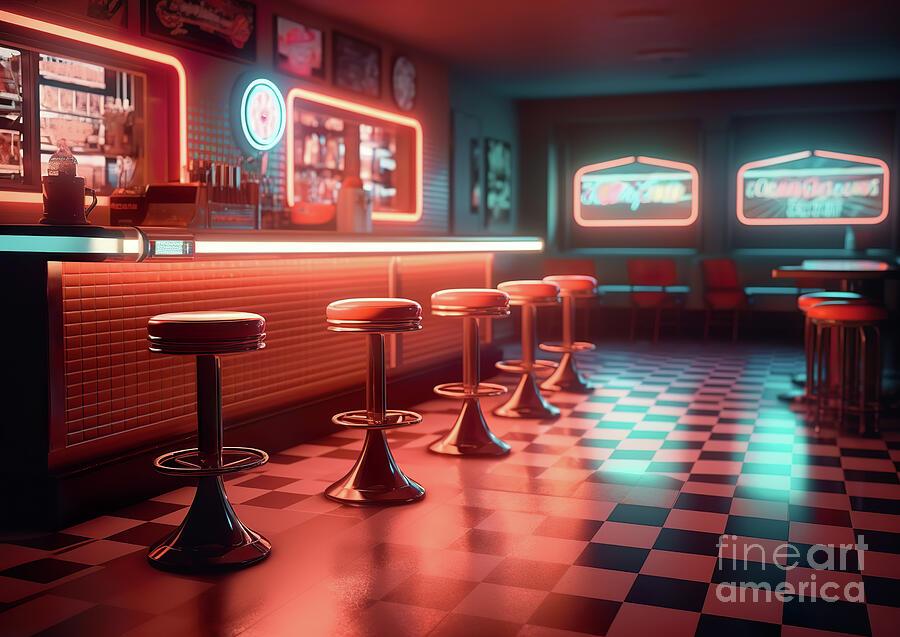 Retro Digital Art - A row of empty stools lines the counter of a retro diner bathed in neon light.  by Odon Czintos