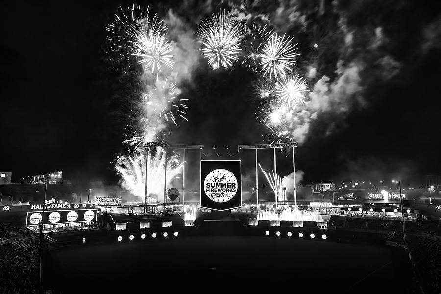 A Royal Grand Finale At Kauffman Baseball Stadium In Monochrome - Kansas City Missouri Photograph by Gregory Ballos A Royal Grand Finale At Kauffman Baseball Stadium In Monochrome - Kansas City Missouri Photograph by Gregory Ballos