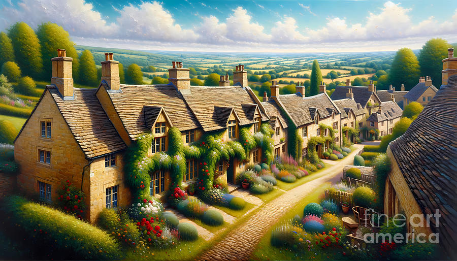 Nature Painting - A rustic scene of vine-covered stone cottages in the Cotswolds, under a clear blue sky. by Jeff Creation