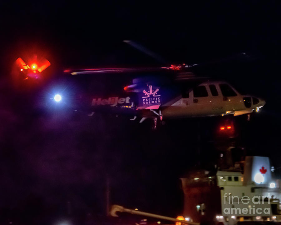 A S-76c Of Helijet Coming In To Land In Ze Victoria Night Photograph