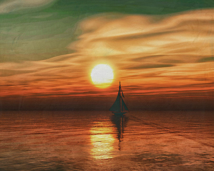 A sailing ship sails during sunset at sea Painting by Jan Keteleer